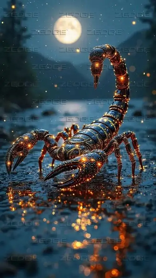 Hình đại diện bọ cạp nâu cam bước trên mặt nước đêm, phản chiếu vàng rung nhẹ dưới chân và mặt trăng phía xa làm khung cảnh trông khá yên nhưng vẫn gắt