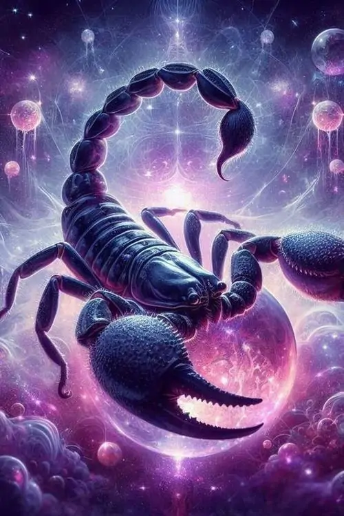 Con bọ cạp tím bóng với càng tròn và thân mập nổi giữa nền sao hồng tím, ảnh Thiên Hạt này thiên về minh họa dễ thương hơn là kiểu sắc lạnh thường thấy