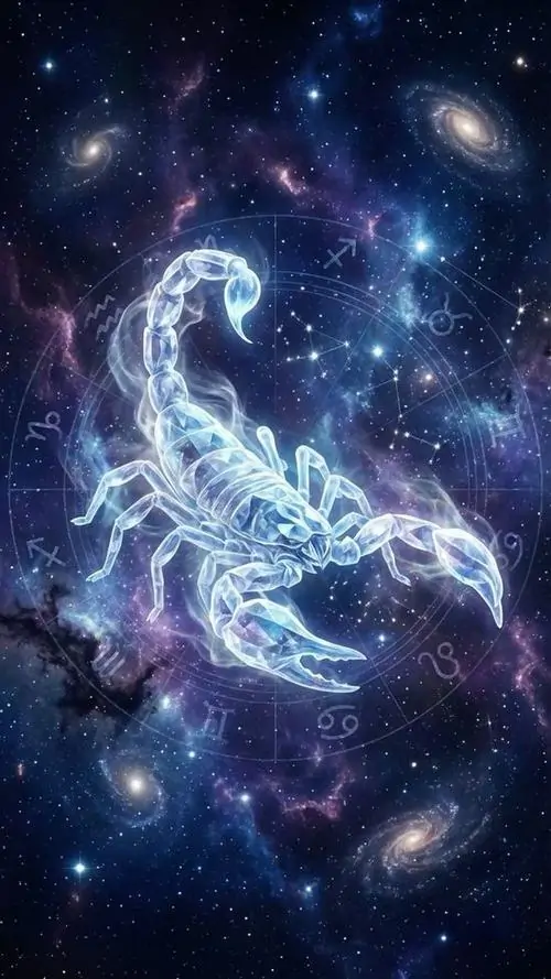 Bọ cạp trắng xanh như tạo từ mây sao đang bơi giữa nền trời vũ trụ, phần đuôi tan vào ánh sáng làm ảnh cung thứ tám rất mềm mắt