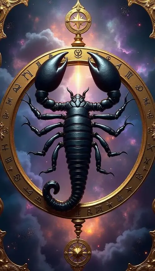 Ảnh nghệ thuật phù điêu tròn màu tím vàng đặt con bọ cạp đen ở giữa, quầng sáng trên đỉnh và đáy khung giúp hình chiêm tinh học này trông giống mặt ấn cổ