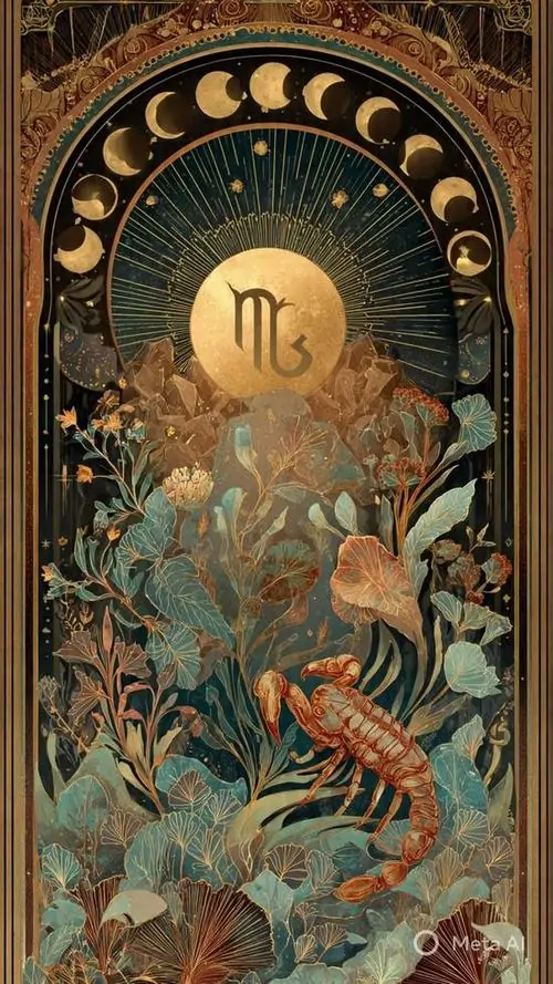 Ảnh nền khung dọc mang nét trang trí cổ, phía trên là ký hiệu Scorpio còn phía dưới là bọ cạp ẩn giữa lá hoa, màu xanh đồng làm hình ảnh Hổ Cáp dịu mà sang