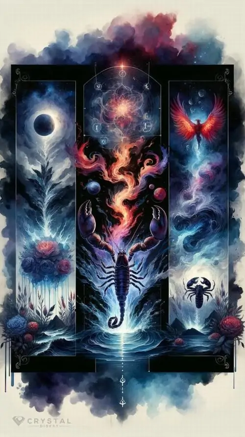 Hình hoàng đạo gương mặt chia đôi bởi mảng lửa và bóng tối, chính giữa là hình bọ cạp dựng thẳng khiến bố cục của Thiên Yết trông dữ và rất kịch tính