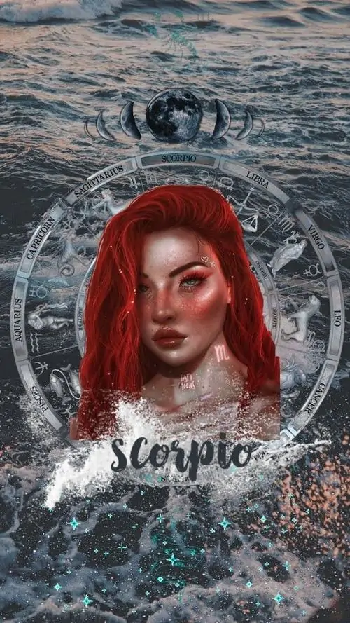 Cô gái tóc đỏ nhìn nghiêng giữa mặt nước xám xanh, chữ Scorpio đặt trước ngực khiến bố cục như một poster chân dung Thiên Yết có chút lạnh và lặng