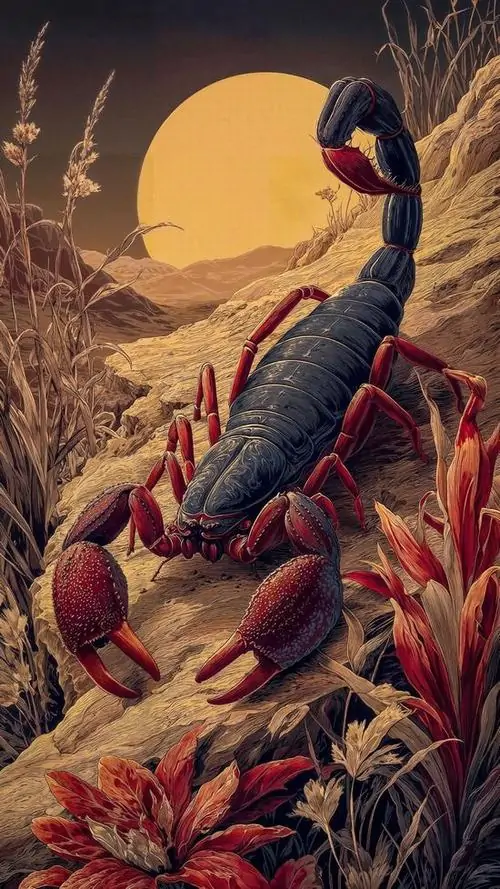 Ảnh bìa vẽ con bọ cạp đỏ đen bò giữa triền cát và bụi cây dưới vầng trăng lớn, góc nhìn nghiêng làm đuôi cong của cung thứ tám nổi bật hẳn lên