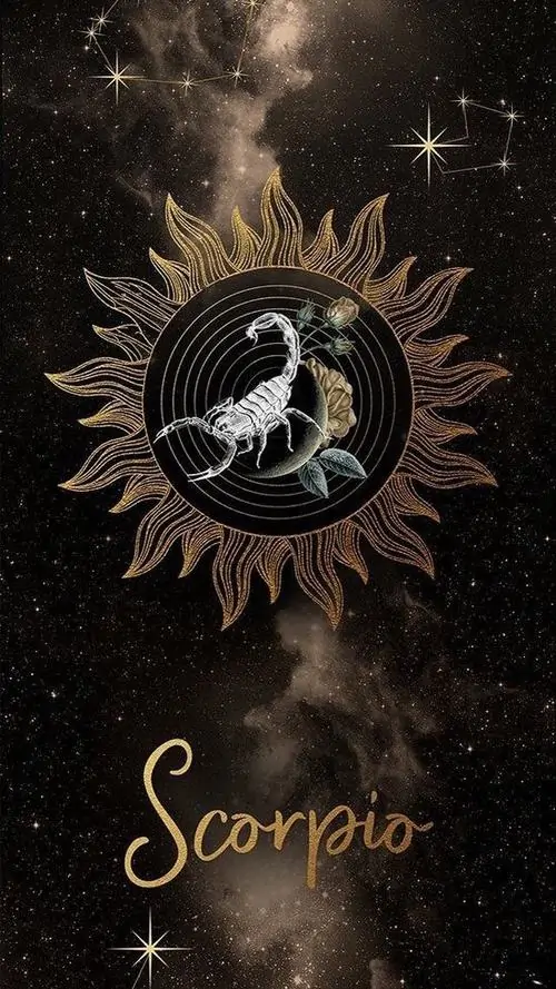 Tấm ảnh nền đen đặt biểu tượng bọ cạp trắng giữa vòng mặt trời tua nhọn, chữ Scorpio viết tay phía dưới khiến tổng thể gọn và hợp kiểu chòm sao Thiên Yết tối giản