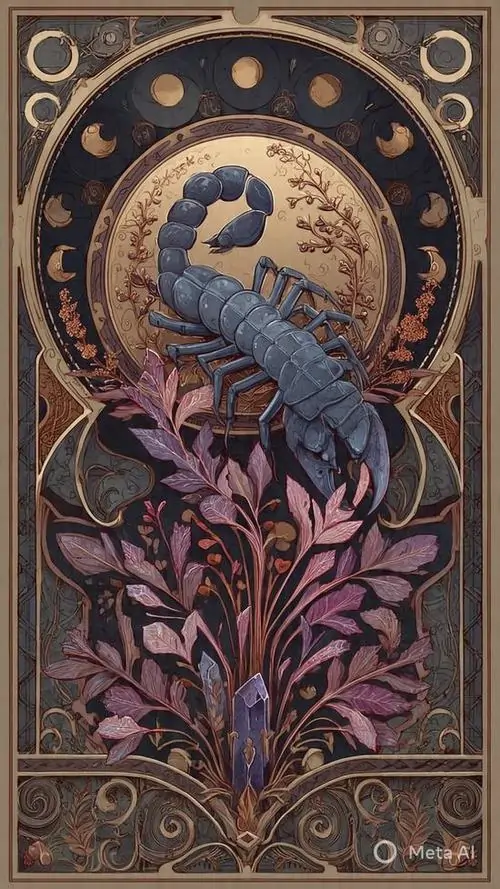 Hình nền điện thoại phong cách khung cổ điển với vòng tròn mặt trăng phía trên, bọ cạp xanh lam lồng trong hoa lá tím nâu tạo cảm giác mềm mà vẫn có độ sắc