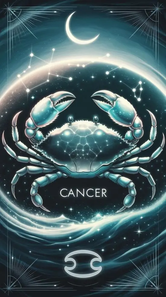Biểu tượng con cua ánh ngọc nằm giữa những vòng sáng xanh bạc, trăng lưỡi liềm treo trên đầu và chữ Cancer phía dưới giúp khung Giải Giải nhìn sạch, sáng và Ultra HD