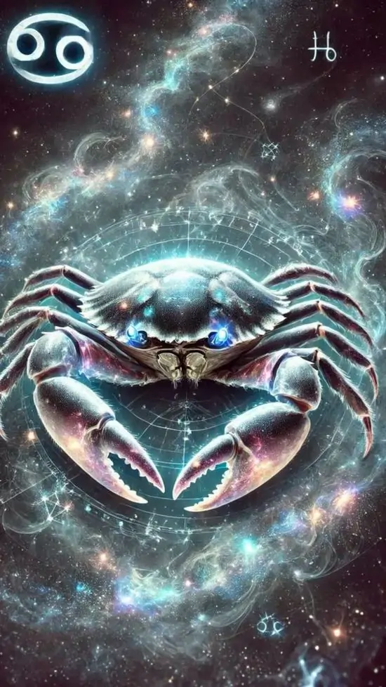 Ảnh wallpaper con cua bạc xanh hiện lên giữa đám mây sao, phía trên có ký hiệu Cự Giải và vài biểu tượng nhỏ khiến toàn khung dọc cung con cua sáng lạnh, rất HD