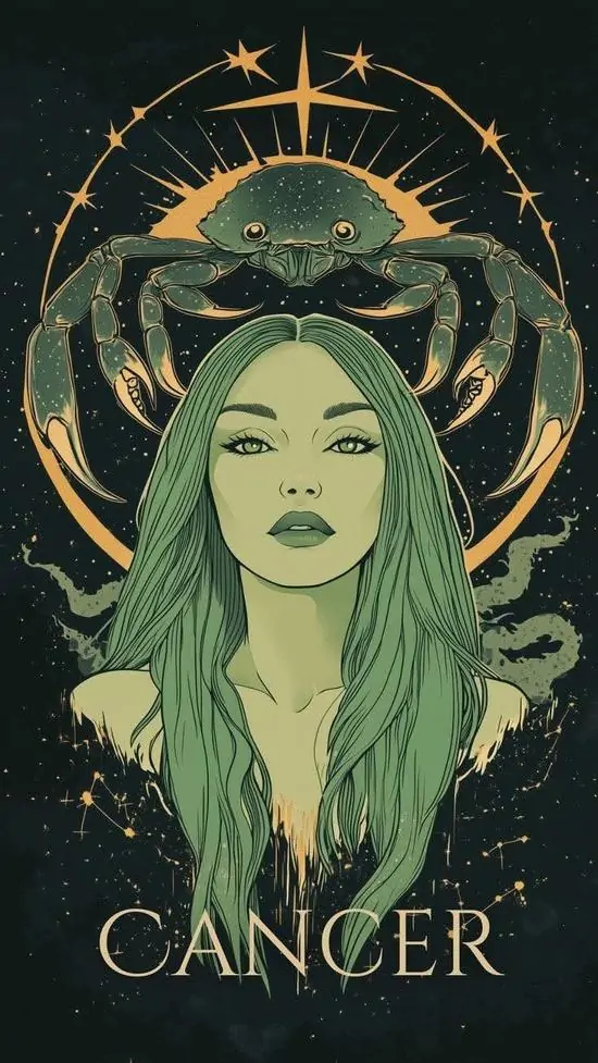 Chân dung cô gái tóc xanh rêu đội mũ tròn và nhìn thẳng, dòng chữ Cancer đặt dưới cùng làm poster cung thứ tư mang nét minh họa cổ điển và khá lạ mắt
