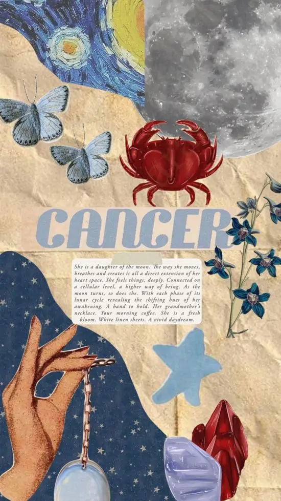 Hình nền khóa màn hình poster giấy pha màu be xanh có cua đỏ, trăng tròn, sao biển và bàn tay vươn vào mép ảnh, gợi cảm giác thủ công của cung Cự Giải khá xinh