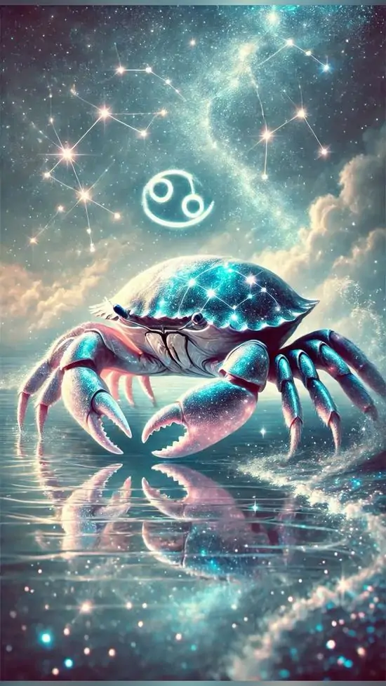 Con cua xanh phát sáng đang bước trên mặt nước lấp lánh, phía sau là quầng sáng trắng và chòm sao nhỏ khiến ảnh Bắc Giải trông mát và lên hiệu ứng 3D rõ