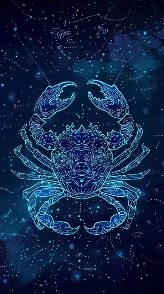 Ảnh nền smartphone hình con cua xanh lam được vẽ bằng nhiều lớp hoa văn mảnh trên nền sao đêm, bố cục đứng giúp ảnh cung con cua giữ nhịp nhẹ và khá đẹp