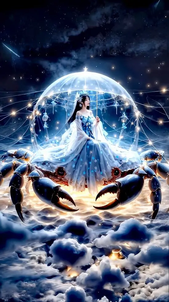 Trăng lớn treo giữa nền trời xanh sẫm, con cua vươn càng trên mặt sóng đang sáng lên như đón thủy triều, tạo cảm giác Giải Giải rất hợp chủ đề nguyên tố nước