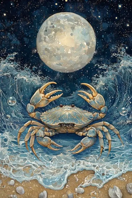 Hình nền con cua vàng ngẩng đôi càng giữa mặt nước dậy sóng, phía trên là vầng trăng tròn sáng lớn làm khung dọc cung Cự Giải trông êm và đẹp kiểu HD