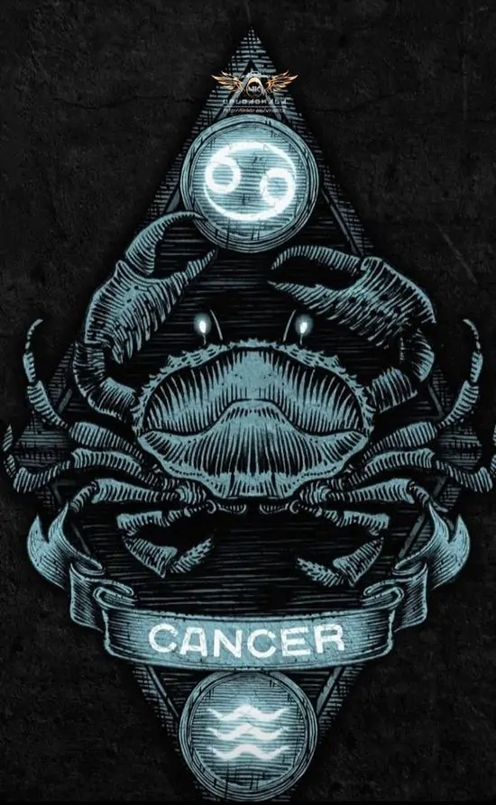 Ảnh màn hình phù điêu con cua xanh thép lặp lại trên nền đen nhám, hình trăng nhỏ phía trên và chữ Cancer giữa thân làm ảnh cung Cự Giải trông mạnh, gọn và HD