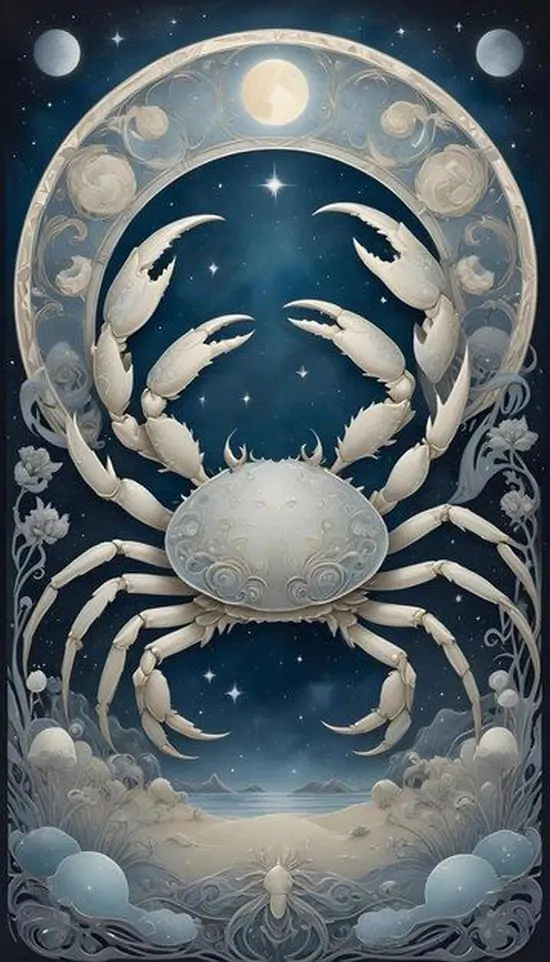Hình nền phù điêu cua trắng xanh nằm giữa vòng tròn trăng và mây, phần càng ôm vào tâm ảnh làm bố cục cung con cua mềm và rất hợp kiểu trang trí đẹp
