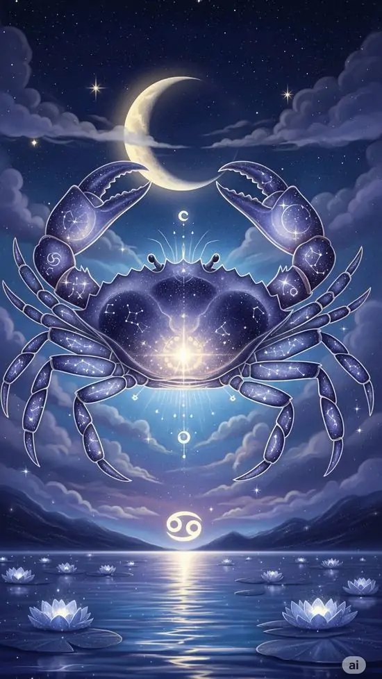 Trên mặt biển tím về đêm, vỏ sò phát sáng mở ra giữa hai cánh tay nước, trăng lưỡi liềm phía trên làm khung dọc cung thứ tư trông mơ màng và dịu