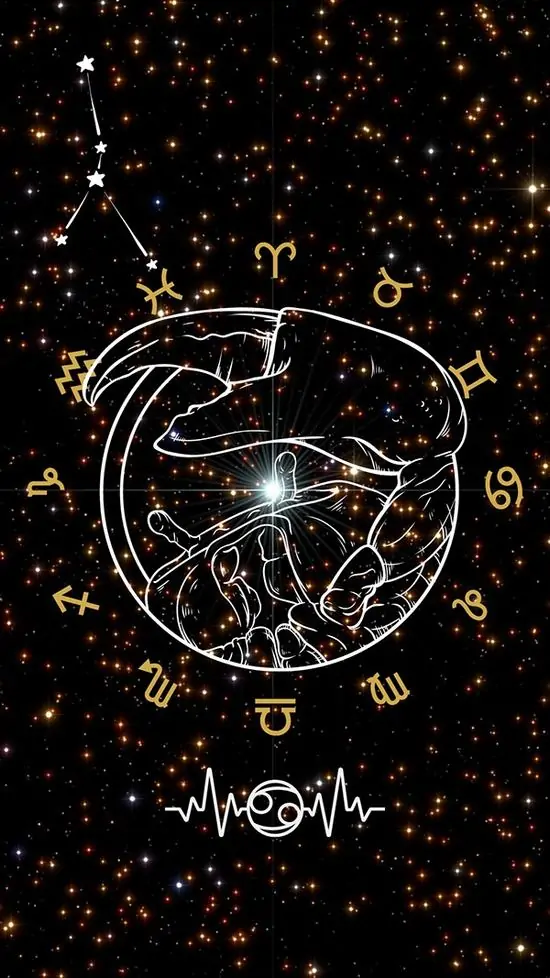 Nền đen phủ dày hạt sao ôm lấy vòng tròn chiêm tinh vẽ tay, chữ Cancer chạy phía trên làm tấm poster Giải Giải có chất huyền học rất riêng và ngầu