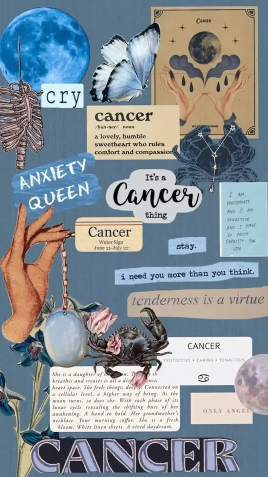 Tấm collage xanh be ghép trăng, hoa, bưu thiếp và chữ Cancer theo lối sổ tay, bàn tay nhỏ ở mép trái giúp ảnh Bắc Giải gần gũi hơn và khá đẹp