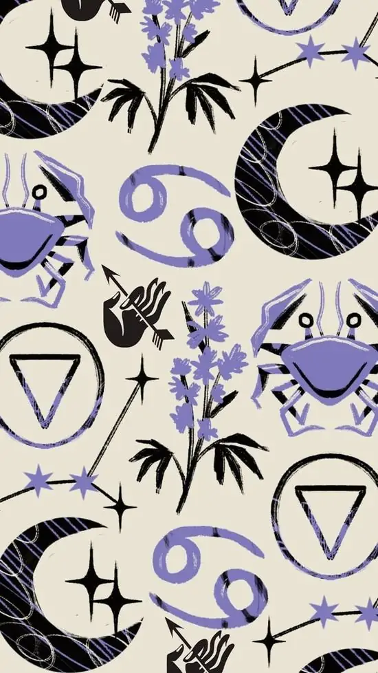 Ảnh wallpaper nền trắng phủ kín các họa tiết tím đen như trăng lưỡi liềm, sao, cua và ký hiệu hoàng đạo, hợp người thích cung con cua theo kiểu vui mắt