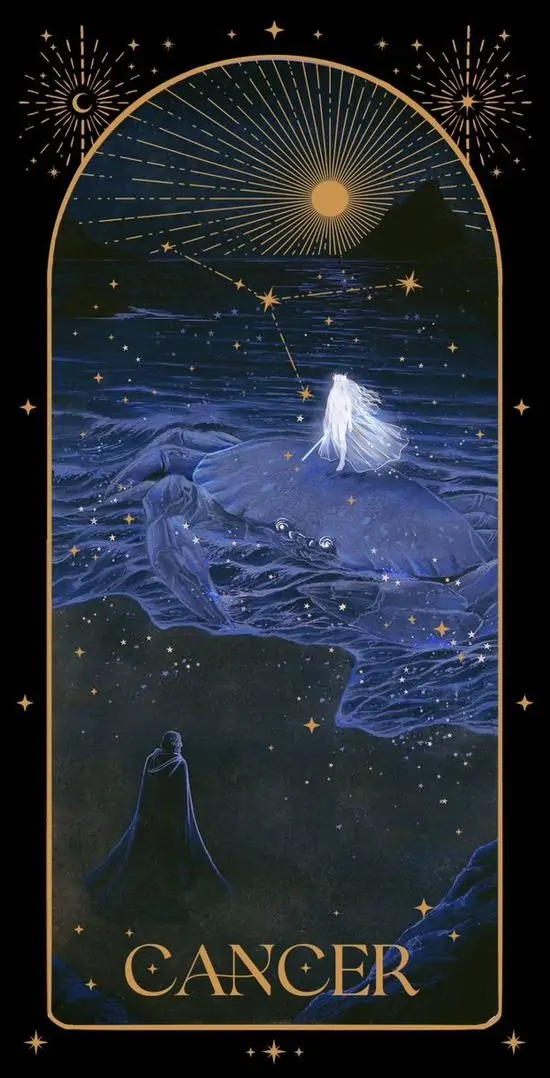 Một khung dọc tối màu đặt đường chân trời phát sáng ở giữa như cửa nhìn ra biển đêm, chữ Cancer nằm dưới làm poster cung thứ tư trông tĩnh và sâu