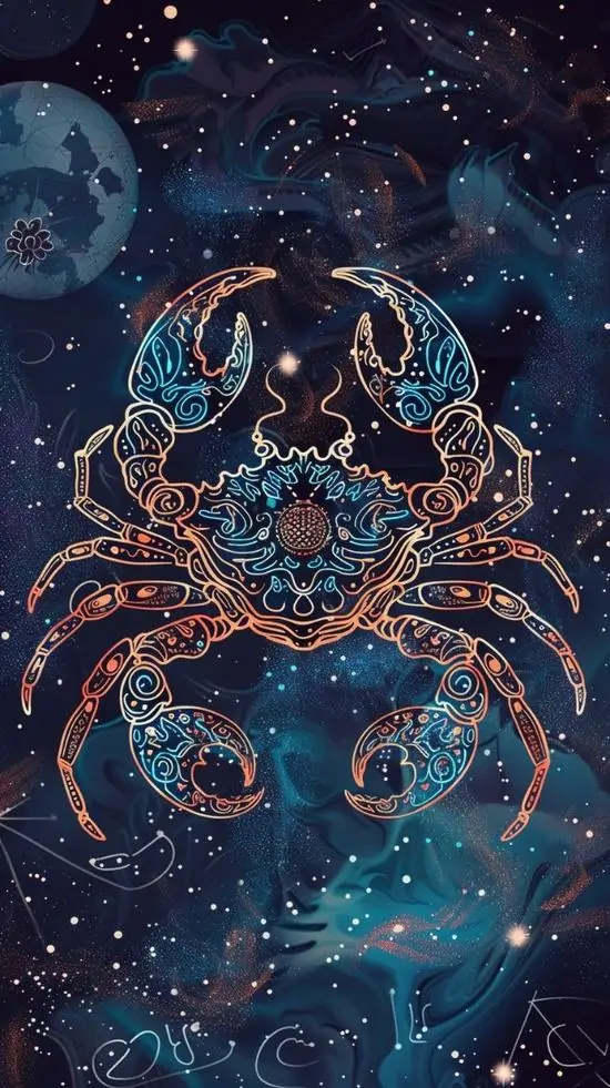 Con cua phát sáng bằng những đường nét lam cam nằm giữa nền sao tím sẫm, hai càng mở rộng cân đối như biểu tượng Bắc Giải trong tranh số hơi hướng 3D