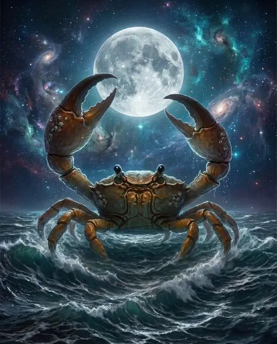 Hình nền điện thoại con cua nâu đỏ nhô cao giữa sóng bạc dưới trăng tròn lớn, bố cục đối xứng và ánh nước xanh khiến ảnh những người con của trăng rất ấn tượng