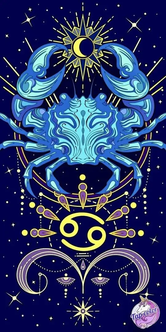 Trên nền xanh đêm, con cua lam đứng ngay giữa các họa tiết sao và ký hiệu hoàng đạo, bố cục dọc khiến ảnh cung thứ tư gọn mắt và lên màu rất rõ