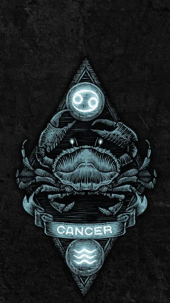 Hình nền điện thoại phù điêu đầu cua xếp đối xứng trên nền đá đen, đỉnh trên có mặt trăng nhỏ và chữ Cancer ở giữa tạo cảm giác như lá bùa cung Cự Giải
