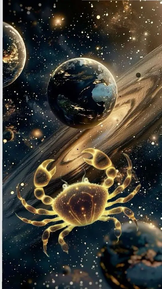 Hai hành tinh hiện phía sau con cua ánh vàng đang lơ lửng trong không gian, những dải sáng xoáy quanh làm ảnh Bắc Giải có chất thiên văn khá bắt mắt và 4K