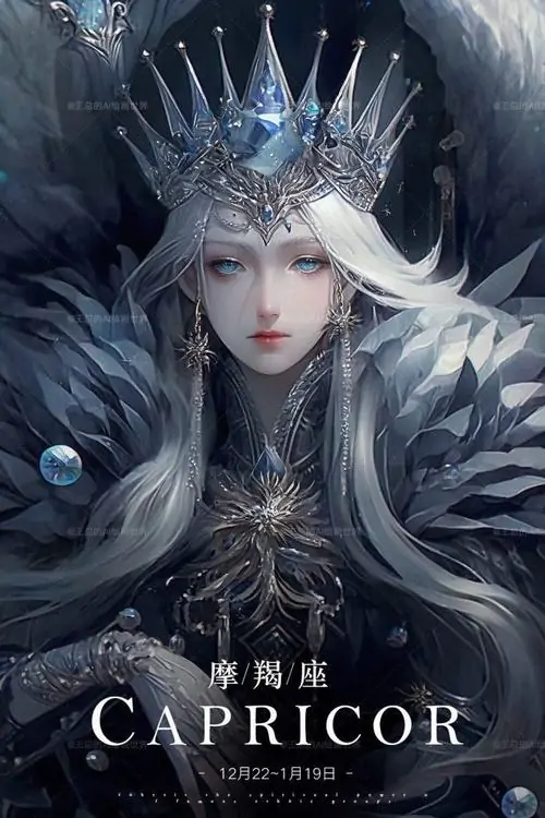 Nữ hoàng tóc bạch kim đội vương miện băng nhìn thẳng, áo choàng lông sáng phủ vai và chữ Capricorn phía dưới làm bức chân dung này hợp Ma Kết nữ sang kiểu 3D