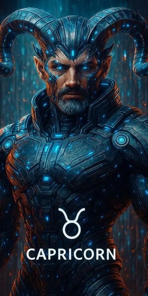 Ảnh wallpaper chân dung chàng trai tóc ngắn nhuộm xanh, áo giáp ánh lam ôm vai và đôi sừng cao làm tổng thể đậm chất chòm sao Ma Kết nam, nhìn khá ngầu và sắc