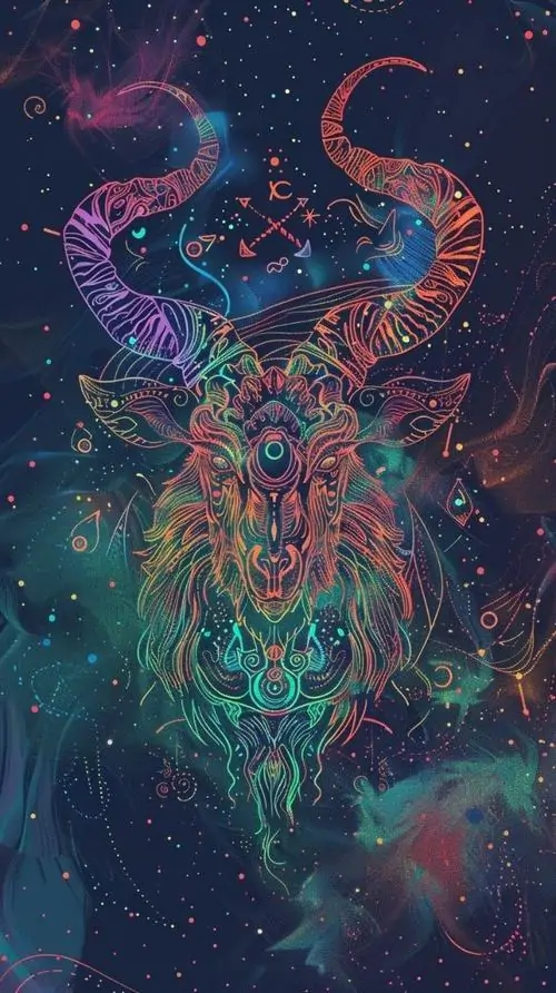 Con dê neon đa sắc hiện lên giữa nền tím đen như tranh số, các mảng sáng hồng xanh phủ quanh thân tạo cảm giác mơ hồ, hợp người thích cung Nam Dương kiểu phá cách