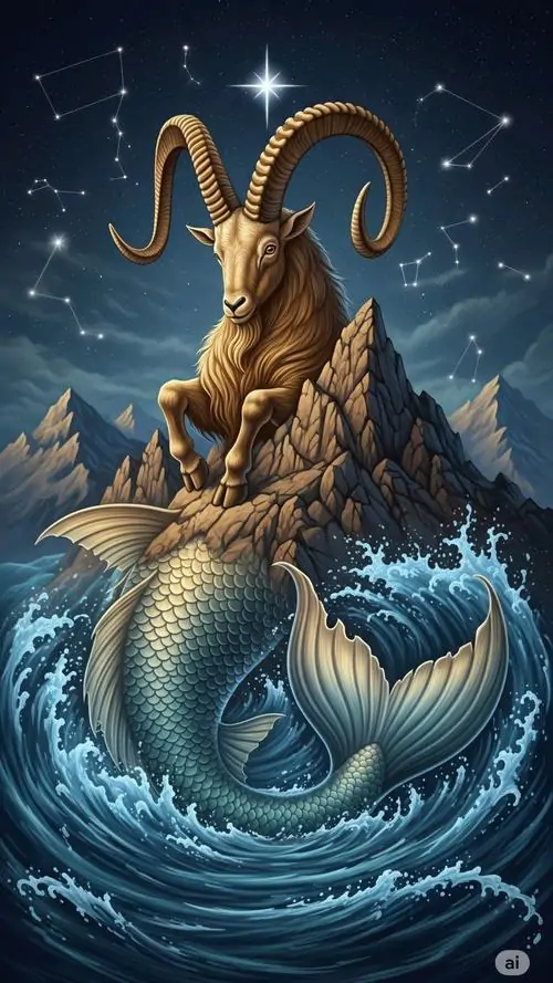 Ảnh nền đt iPhone dê biển ngẩng cao trên mỏm đá giữa sóng đêm, sừng vàng cong rõ và đuôi cá cuộn nước giúp ảnh Ma Kết này hợp cả nam lẫn nữ thích phong cảnh HD