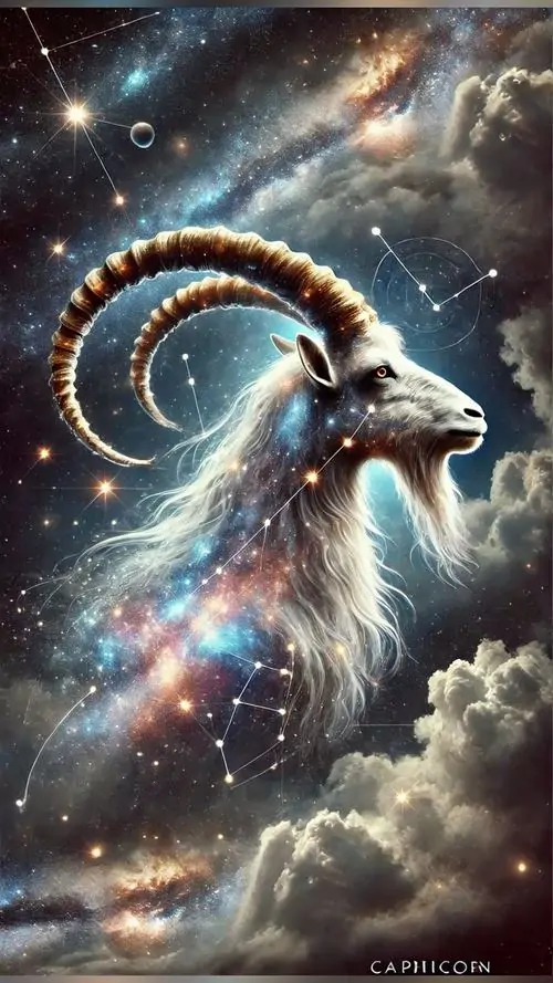 Con dê trắng lao qua mây xám với cặp sừng lớn sáng bạc, góc nhìn nghiêng làm thân hình nổi bật hơn, rất hợp làm alt cho ảnh chòm sao Ma Kết kiểu chuyển động