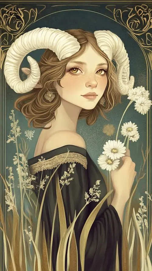 Ảnh nền dọc cô gái trẻ đội mũ sừng cừu, tóc nâu xoăn nhẹ và áo tối màu viền vàng khiến bức tranh cung hoàng đạo thứ mười trông xinh, hợp Ma Kết nữ thích nét cute