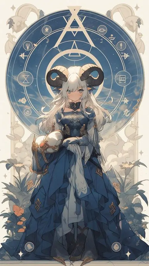 Cô bé mặc áo choàng xanh với mũ đầu dê đứng dưới vòng tròn họa tiết, gam kem nhạt và nét vẽ mềm khiến hình này rất hợp cho người chuộng cung Nam Dương cute