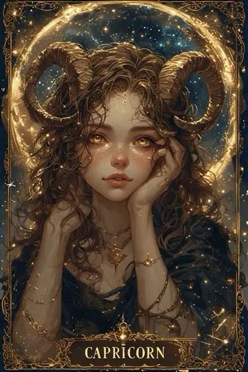 Ảnh nền cung Ma Kết chân dung cô gái tóc nâu với cặp sừng cong, tay chống má và nền vàng sậm làm gương mặt nổi hơn, hợp Ma Kết nữ thích tông tranh cổ điển đẹp