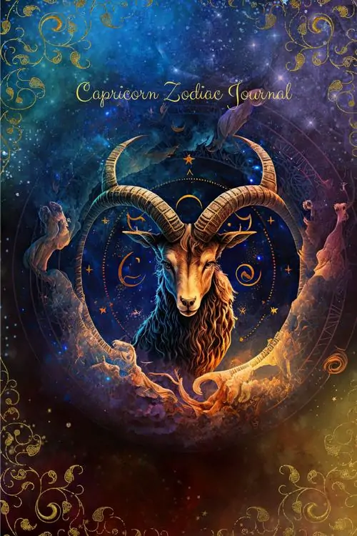 Đầu dê xoáy trong quầng sao xanh tím, đôi mắt sáng và vòng sáng quanh sừng khiến biểu tượng dê biển hiện lên mạnh, hợp làm ảnh cho người thích màu vũ trụ