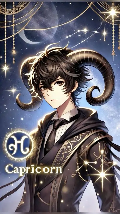 Chàng trai anime tóc đen mặc áo khoác nâu đứng nghiêng dưới các đường sáng vòng cung, cặp sừng nhỏ trên đầu giúp ảnh này hợp Ma Kết nam trẻ và khá ngầu