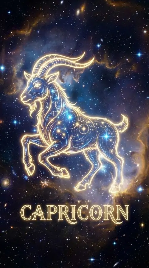 Hình nền con dê vàng phát sáng đang bật nhảy giữa nền sao xanh, nét vẽ sáng rõ và chữ Capricorn phía dưới khiến ảnh hợp màn hình dọc, nhìn gọn mà vẫn 4K