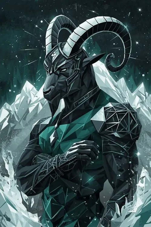 Nhân vật nam đầu dê khoanh tay trong áo giáp xám xanh, bối cảnh đá lạnh bao quanh làm tổng thể rất cứng cáp, hợp cho người thích hình ảnh cung Ma Kết nam mạnh mẽ