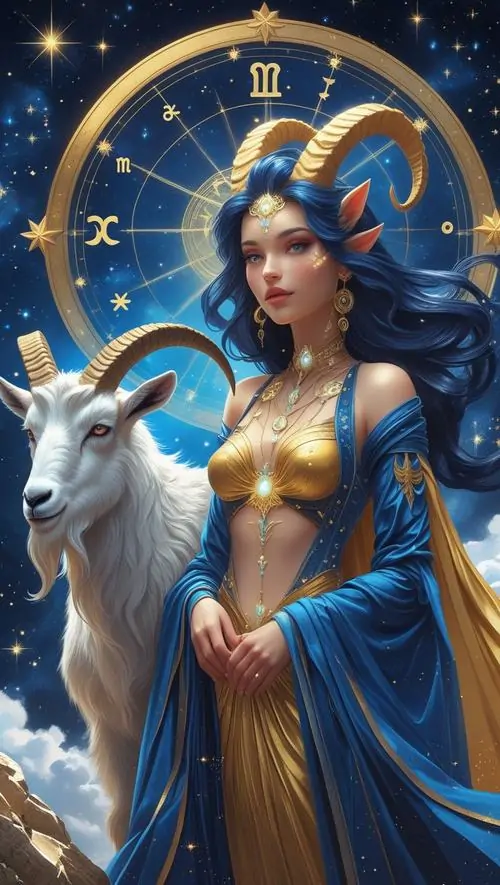 Ảnh avt người phụ nữ mặc váy xanh lam đứng cùng dê trắng, vòng tròn hoàng đạo sau đầu và tông vàng xanh khiến tranh này hợp Ma Kết nữ theo hướng thần thoại đẹp