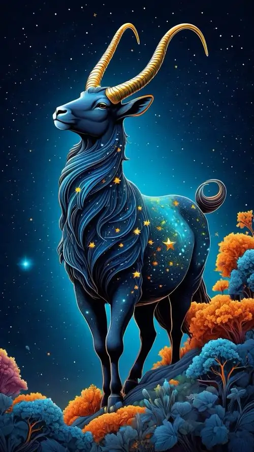 Con dê xanh đen đứng nghiêng trên cụm san hô cam, sừng vàng vươn cao và nền tối giúp chủ thể nổi rõ, rất hợp ảnh nền cung Nam Dương cho người thích màu tương phản