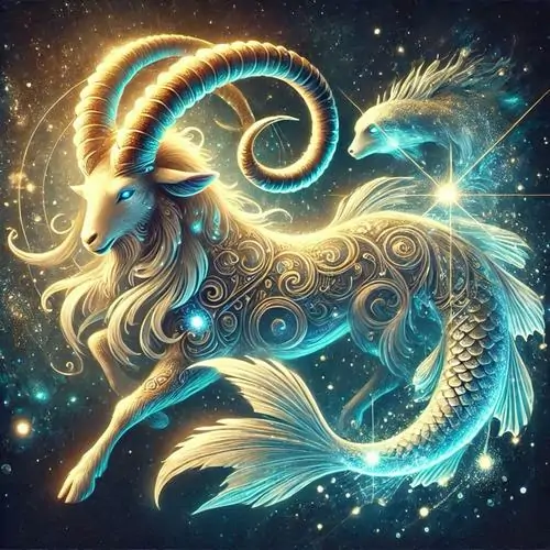 Hình nền điện thoại dê biển vàng uốn thân thành vòng sáng trên nền xanh đêm, đuôi cá mềm và các nét phát quang khiến ảnh chòm sao Ma Kết này rất bắt mắt, chuẩn 4K