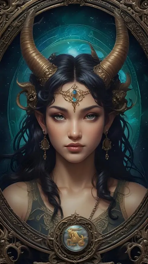 Chân dung cô gái đội sừng trâu lớn nhìn thẳng, áo giáp cổ và viên ngọc trước ngực làm hình Ma Kết nữ mang dáng dấp nữ hoàng, hợp người thích style ngầu