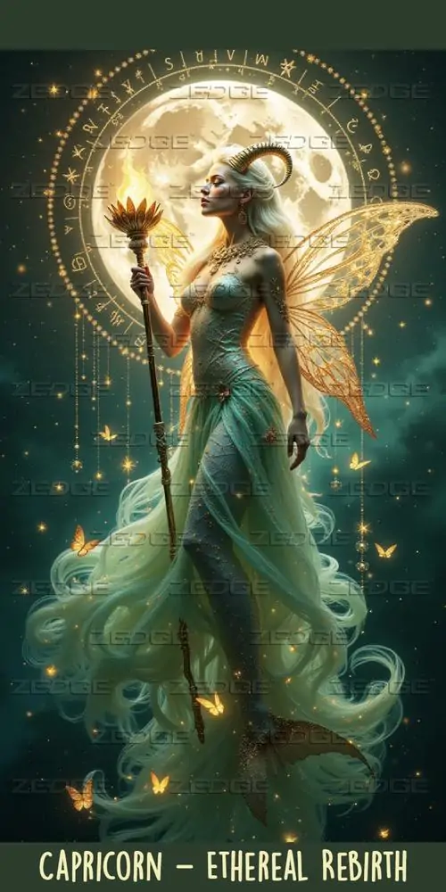 Nhân vật mặc áo choàng xanh lục cầm vòng sáng như đèn, đứng giữa nền cổ tích vàng rêu nên bức này hợp Ma Kết nữ thích tranh fantasy mềm và khá đẹp