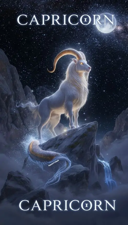 Con dê trắng đứng trên mây dưới ánh trăng mờ, thân phủ làn sáng xanh và chữ Capricorn phía trên khiến bố cục gọn, rất hợp làm hình nền điện thoại Ultra HD