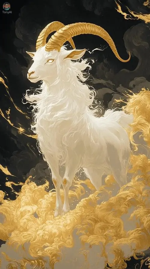Ảnh nền dọc dê trắng ánh vàng bật lên từ lớp sóng kim loại, cặp sừng dài cong đều và nền đen làm hình ảnh cung Nam Dương này sang mắt, hợp người thích tông sáng