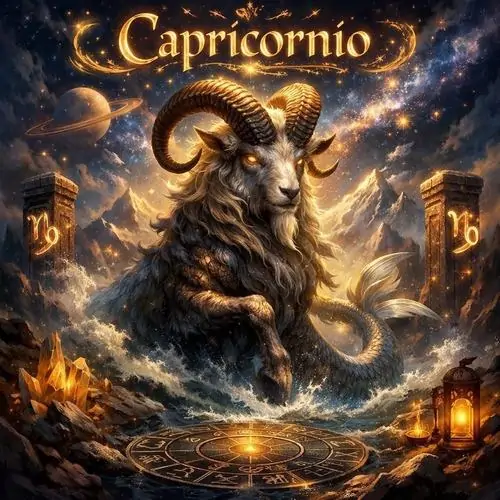 Hình đại diện con dê đen đứng giữa lửa vàng với dòng Capricornio phía trên, sừng lớn và ánh cháy sau lưng khiến tổng thể rất hợp Ma Kết nam, nhìn cực ngầu